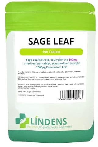 Lindens Sage Leaf 500mg Double Pack - 200 Tablets 2mg Rosmarinic Acid Women