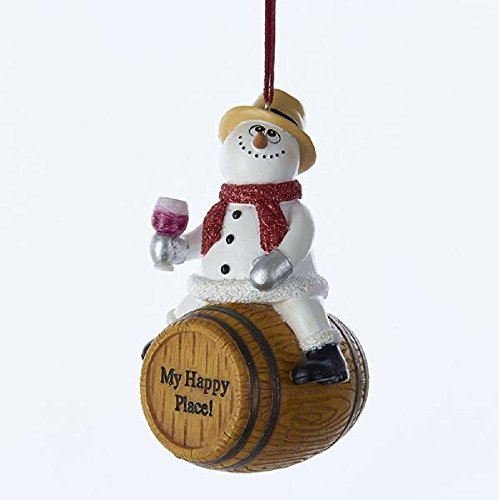 Snowman on Wine Barrel with Wine Glass Ornament