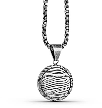 Akitsune Orbis Anhänger inkl. 70cm Kette | Halskette Frauen Herren Edelstahl Damaszener Optik Geometrisch Rustikal Luxury - Antik-Silber