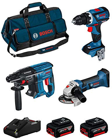 BOSCH Kit 18V BK307BAG (Trapano Avvitatore GSR 18V-60 C + Smerigliatrice GWS 18-125 V-LI + Martello Perforatore GBH 18V-21 + 2 Batterie di 5,0 Ah + Caricabatterie + Borsa)