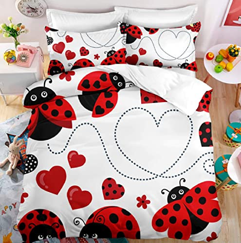 HUA5D Marienkäfer Rot Bettwäsche 135X200 Kinder Mädchen Jungen Microfaser Bettwaren & Bettwäsche Kinderbettwäsche Bedding Bettbezug Mit Reißverschluss & 80X80 Kissenbezüge(S66)