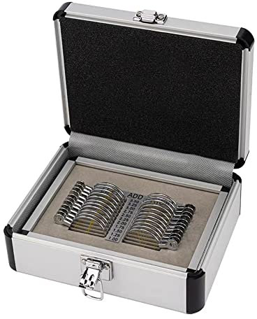 Lot de 22 lentilles d'essai progressif avec plateau en aluminium et étui ophtalmique (couleur