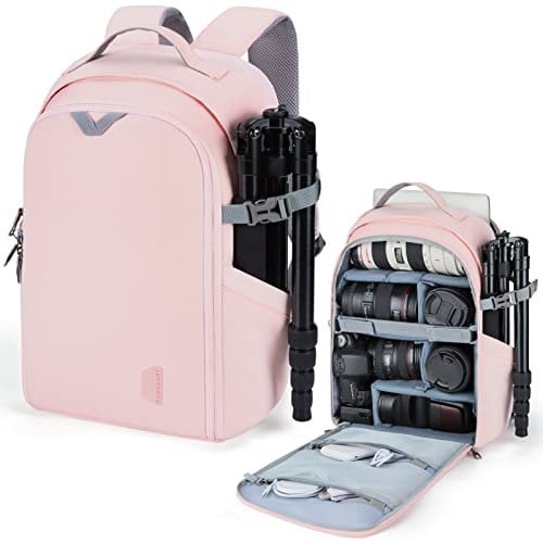 bagsmart Camera Backpack, DSLR SLR Camera Bag Fits up to 15.6 Inch Laptop Water Resistant with Rain Cover, Tripod Holder for Women and Men,Pink