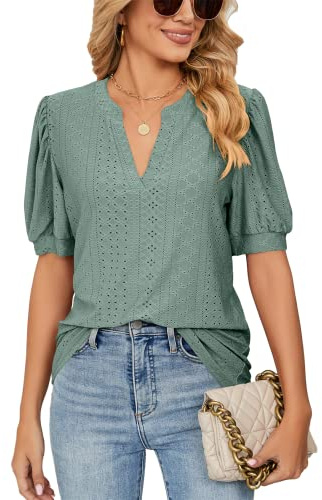 EDOTON Bluse Damen Elegant Sommer Kurzarm Oberteile Business Blusenshirt Trachtenbluse Casual V Ausschnitt Tshirt (XXL,Dunkelgrün)