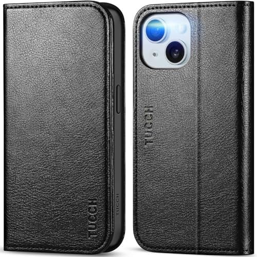TUCCH Case for iPhone 15 (6.1) 2023 5G, Protective PU Leather Wallet Folding Folio Stand Cover with[RFID Blocking][Kickstand][Shockproof TPU][Card Holders] Compatible with iPhone 15, Textured Black
