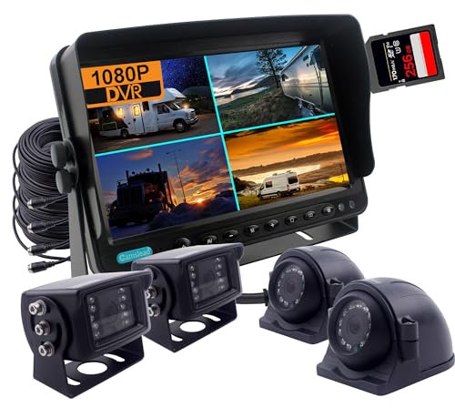 CAMSLEAD HD 1080P Backup Reversing Camera System, 9 DVR Monitor 4-Split Screen, Max Support 256GB SD Card, 4 x IR Night Vision Car Front Rear Side View Camera Kit for 12V-36V RV Bus Truck Trailer