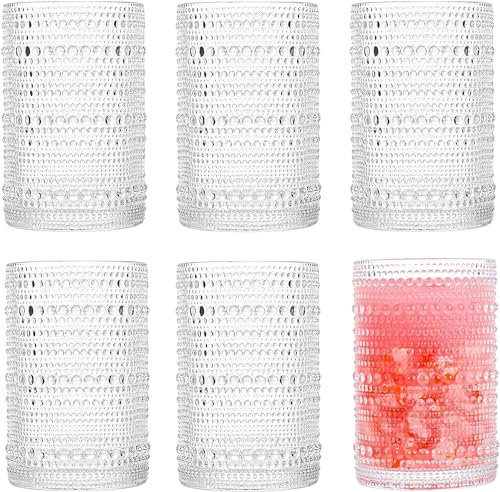 MEETOZ Vintage Hobnail Drinking Glasses Set of 6, 15oz Hobnail Glassware Thick Glass Heavy Base, Clear Embossed Vintage Glassware Set for Beer, Cocktail, Soda, Beverages