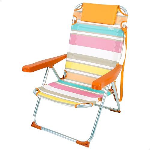 AKTIVE Silla Playa Plegable, 5 Posiciones, Multicolor Rayas, 48x60x90 cm, Incluye cojín Acolchado, Asa Hombro, Soporta 110 kg, Topes antivuelco, Multiposición, Respaldo reclinable (62675)