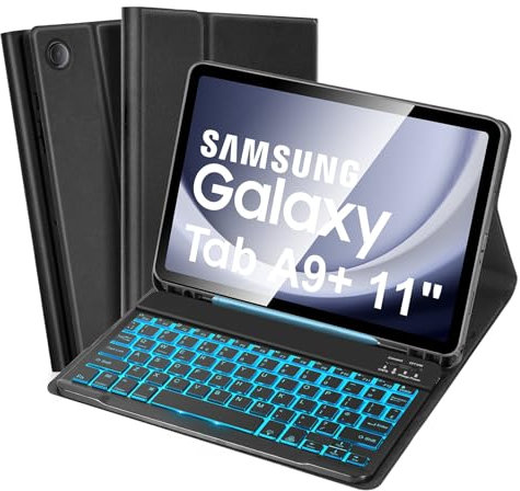 SOPPY Backlit Keyboard Case for Samsung Galaxy Tab A9+ / A9 Plus 11 Inch 2023 (SM-X210/X215/X216/X218), UK Layout, Slim Cover with Detachable Wireless Keyboard for Galaxy Tab A9 Plus 11, Black
