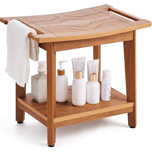 VEVOR Banc de Douche en Bois de Poly, 530 x 355 x 470 mm, Tabouret de Douche avec poignée d'étagère de Rangement, capacité de 158,8 kg, antidérapant et résistant à l'eau, pour Salle de Bain, Salon