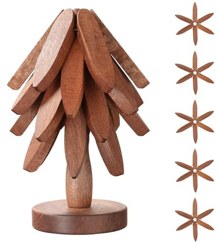 Wooden Trivets for Hot Dishes, Christmas Tree Shape, 5 Wooden Trivets + 1 Stand Stored Set, Sapele Wood for Hot Pots, Pans, Bowl, Teapot, Practical Trivet on The Kitchen Counter