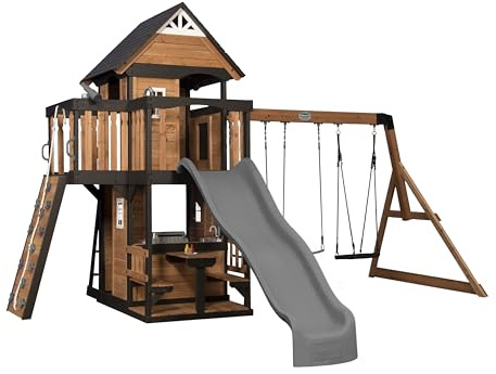 Backyard Discovery Canyon Creek Cedar Climbing Frame| 2.4m Wave Slide | 100% Cedar Wood, 2.4m Wave Slide, Web Disc Swing, 2 Belt Swings, Rock Wall, Toy Kitchen, Outdoor Climbing Frame