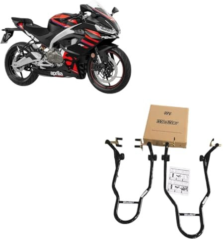 Coppia di cavalletti alzamoto alza moto WinNet compatibili con Aprilia rs 457 per alzare sollevare la ruota gomma posteriore con forchette a V e anteriore di dietro e davanti retrotreno e avantreno