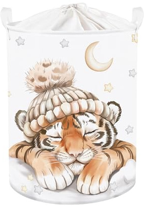Clastyle Sleeping Animal Baby Laundry Hamper Collapsible Clothes Kids Storage Basket Waterproof Boys Girls Toy Box for Nursery Room, Tiger, 36x45 cm