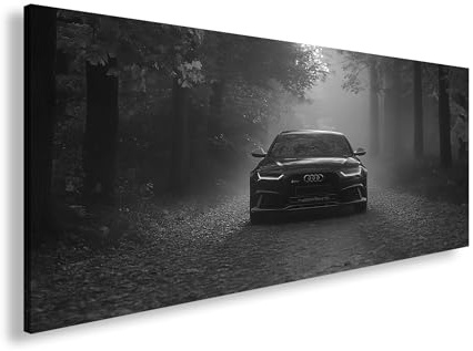 Leinwandbild Ein schwarzer Audi gleitet durch flammenden Herbstnebel. Panorama 100x50cm Effekz: Schwarz&Weiß XXL Wandbild auf Keilrahmen/Kunstdruck/Bild Wohnzimmer Dekoration
