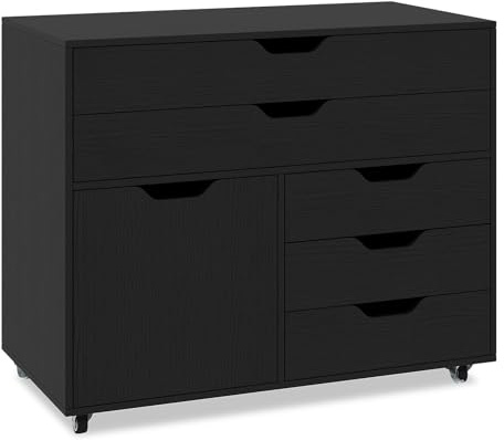 GIANTEX Caisson Bureau, Caisson de Rangement avec 5 Tiroirs & 1 Porte, Rangement Bureau Mobile, 5 Roulettes avec 2 Frein, Support d'Imprimante pour Salon, Salle d’Étude, 77,5 x 40 x 64 cm, Noir