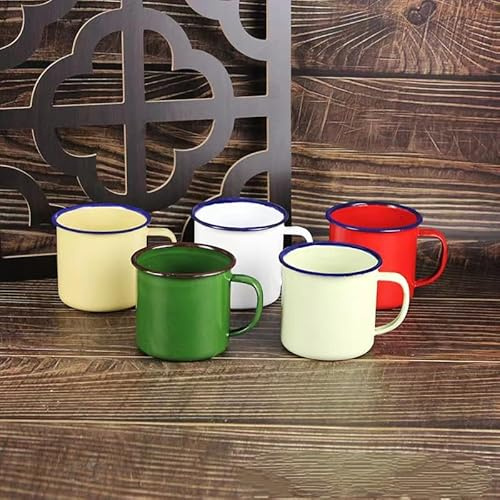 GOUHIDAMAI Enamel Coffee Tea Mug Set of 5 Red/Yellow/White/Green Enamel Drinking Cups, Ideal for Home/Office/Travel/Camping, Resusable & Portable, 240 ml-8 Ounce