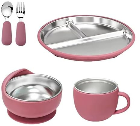 Eliano 5-teiliges Baby Geschirr Set aus Silikon & Edelstahl 304 – BPA-frei, Teller, Schüssel, Becher, Löffel & Gabel, herausnehmbarer Edelstahleinsatz (Rot)