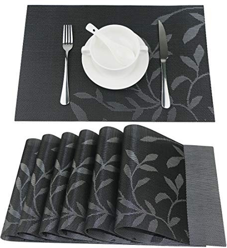 Fanuk Placemats Set of 6 Washable Heat Insulation Non-slip Woven Vinyl Place Mats for Kitchen and Dining Room (Black Leaf)