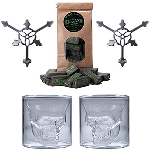 ALANDIA Totenkopf Absinth Gläser Löffel Set 2x Skull Glas | 2x Dreizack Löffel | 1x Zuckerwürfel