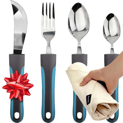 BUNMO Utensilien für ältere Menschen, Arthritis, schwache Handgriffe, Zittern und Behinderte – praktische Reisetasche – 95 g leicht – Edelstahl – unabhängig essen – adaptives Blau, 4-teiliges Set