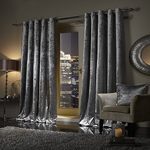 viceroy bedding Pair of Crushed Velvet Curtains Faux Velour EYELET RING TOP Fully Lined Curtains SILVER GREY (90 Width x 108 Depth)