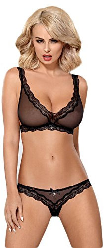 Selente Love & Fun Sfizioso Completo Intimo a 3 Pezzi: Reggiseno, Slip ed Esclusiva Benda per Occhi in Raso, Nero Trasparente, S-M