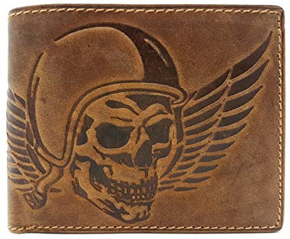 Jockey Club echt Leder Geldbörse quer Hunterleder Portemonnaie mit RFID Schutz Totenkopf Schädel Wing of Hell