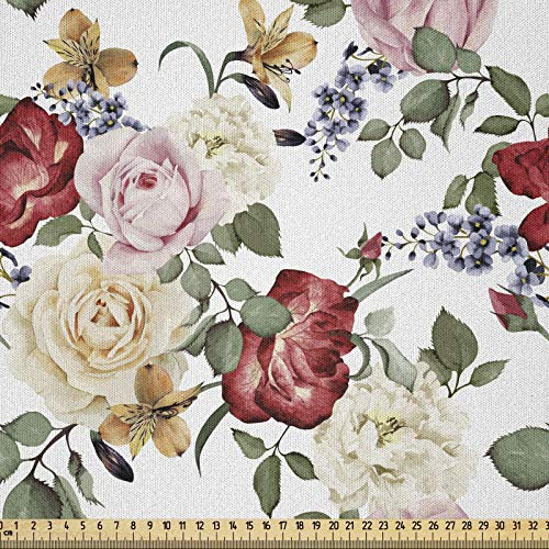 ABAKUHAUS Frühling Stoff als Meterware, Flieder Rosen Blumen, Microfaser Stoff für Dekoratives Basteln, 1M (230x100cm), Hellrosa Creme Grün und Rot