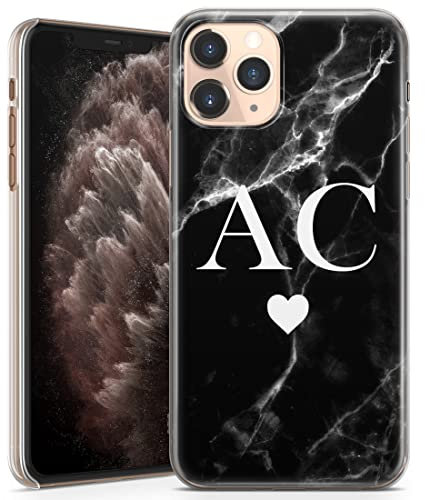 TULLUN Personalisierte Handyhülle für iPhone 11 - Klare Hartplastik Benutzerdefinierte Schwarzer Marmor Marble Weiß Buchstabe Initialen Name Text - Initialen mit Herz