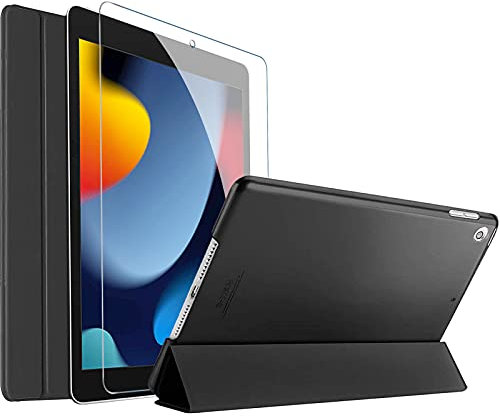 ProCase iPad 10.2 Inch Case with Tempered Glass Screen Protector, Slim Stand Hard Shell Protective Smart Cover for 10.2” iPad 9th/8th Gen – Black