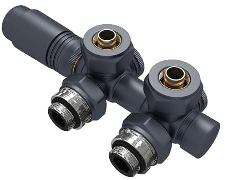 EMKE Multiblock Heizkörper Ventil-Armaturen, Hahnblock Heizungszubehör Eck und Durchgangsform 50mm, Ventilhahnblock Heizkörperventil mit Thermostat (Für 16mm Rohre * G1/2, 1 Stück, Anthrazit)