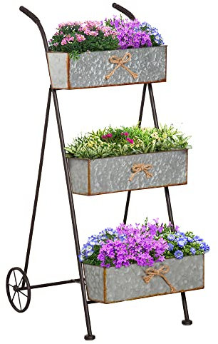 Outsunny Jardinière Chariot sur Pied 3 Niveaux Style Rural Chic - Pliable - 2 poignées et Roues - nœuds de Corde métal martelé Effet Vieilli