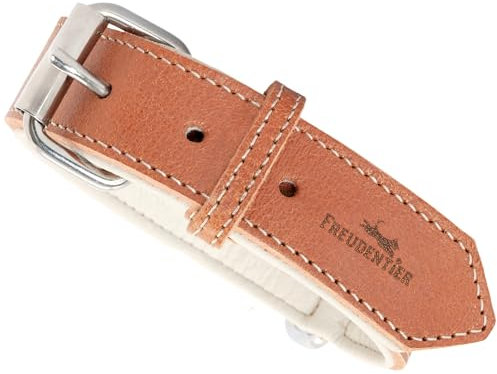 FREUDENTIER® Hundehalsband aus Leder, Made in Holland, gefüttert & super komfortabel, hochwertiges breites Lederhalsband aus Vollnarbenleder, Model “Amstelpark” (37-47cm Halsumfang, Cognac)