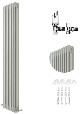 3 Column Vertical Radiator Matt White with Angled Thermostatic Valve 1800x380mm