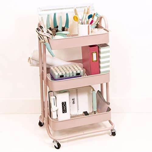 Craftelier - Metall-Organisationswagen mit 3 Fächern | 4 Lenkrollen 360º mit Bremsen | Max. Fachlast 2,99 kg | Abstand zwischen den Fächern 25,5 cm | Größe 78 x 40 cm - Farbe Rosa