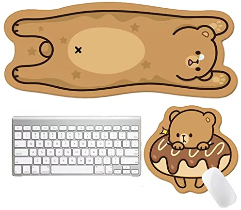 2in1 Niedliches großes Mauspad Set, Kawaii Braun Bär Anime Mousepad, JapanischeKoreanische Ästhetik Extended+ Kleines Mauspad, Neuheit Gaming Schreibtischunterlage XL Büro Home Decor für Frauen