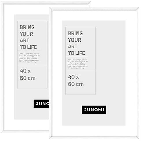 JUNOMI® Lot de 2 cadres photo 40x60 cm bois | Couleur Blanc | Cadre affiche avec verre acrylique incassable | Pour montage mural vertical et horizontal, profil fin