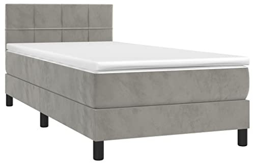 vidaXL Boxspringbett mit Matratze LED Polsterbett Bett Einzelbett Bettrahmen Bettgestell Lattenrost Schlafzimmerbett Hotelbett Hellgrau 90x190cm Samt
