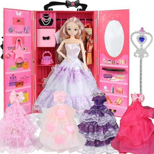 Yutoy Puppen Kleiderschrank Set 63 Zubehör, für 11,5 Zoll Mädchen Puppen, für Puppe Kleidung, Einschließlich Puppenschrank, Kleid, Schuhe, Taschen, Kleiderbügel, Kopfschmuck, Kamm, （Lila）