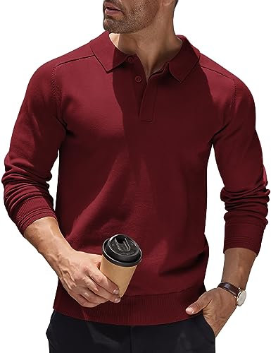 COOFANDY Pullover für Herren Strickpullover mit Polokragen Polo Pullover Strick Poloshirt Herren Langarm Winterpullover Herrenpullover Langarm Business Pulli Polohemd Polo Sweater Weinrot L