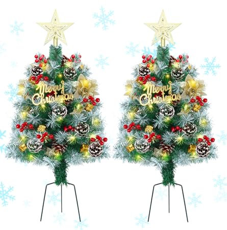 80cm Outdoor Christmas Tree Small Pre-Lit Artificial Pathway Christmas Pine Trees for Grave,Entrance Green Xmas Trees Battery Operated Lights for Front Door,Porch,Driveway(2pcs)