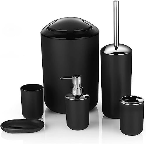 HOCHSTE 6pc Bathroom Sink Accessory Set With Bamboo Trim - Modern Vanity Organiser Kit - Tumbler, Toothbrush & Toilet Brush Holder, Lotion Dispenser, Soap Dish & Trash Bin Black