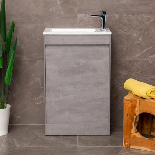 Ochil Floor Standing Cloakroom Vanity Unit With Slim Ceramic Basin Sink Soft Close Door Bathroom Unit – Grey - 550mm
