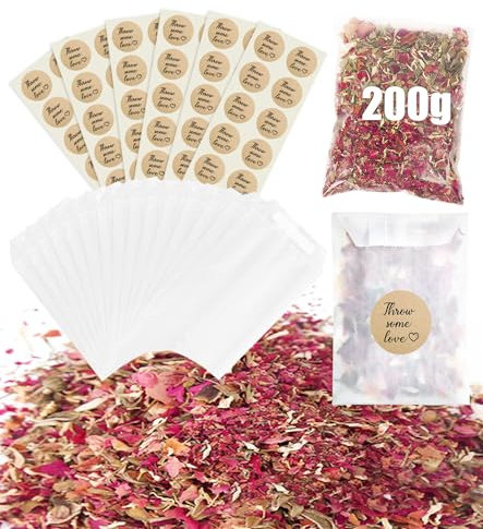 60 Set di Sacchetti di Coriandoli di Fiori Secchi Kit,Sacchetti per Coriandoli da Matrimonio,Petali Secchi Naturali di Rose Sacchetti di Carta Glassine Adesivi per Festa Anniversario Matrimonio