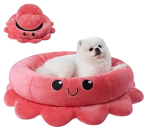Jiupety Lit Rond pour Chats Et Chiots, Lit pour Chien en Forme de Pieuvre, 61cm Panier Chien Chat Chaud Et Confortable, Coussin pour Chien Chat Amovible Et Lavable, Rose
