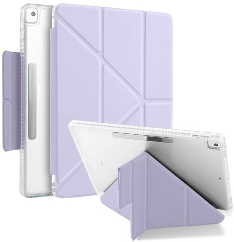 MuyDoux Hülle Origami für iPad 10,2 Zoll 9. 8. 7. Generation 2021/2020/2019 mit Stifthalter, 5-in-1 Mehrere Betrachtungswinkel, mit Magnetverschluss, Glasklare Durchsichtig Rückseite, Hellviolett