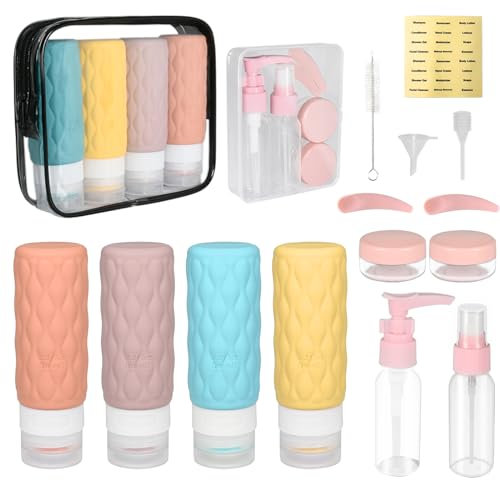 YoHyien 16 Pcs Kit Flacon Voyage Avion Silicone, Rechargeable Flacons de Voyage 100ml, Contenant Voyage sans BPA, Bouteille Cosmétique avec Trousse de Toilette, Recipient pour Gel Douche, Shampooing