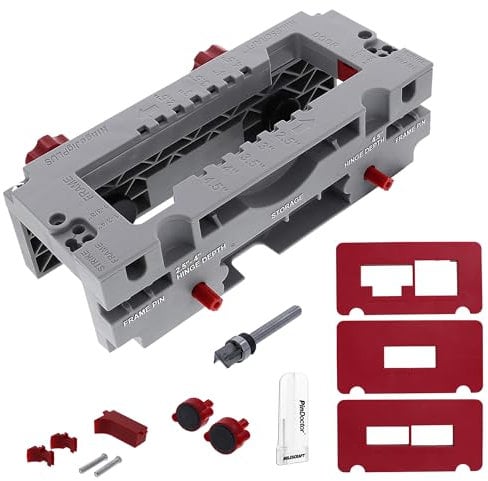 Milescraft 1229 Hinge Jig Plus – Dual Clamping Door Hinge Jig Door Hinge Mortiser. Complete Hinge Installation Kit Rout Mortises from 2.5” to 4.5”. Strike and Latch Plates Included for Standard Doors