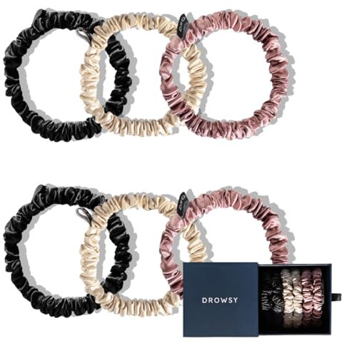 Drowsy Luxury Skinny Silk Scrunchies - Pack of 6 - Premium Hair Care Beauty Accessories for All Hair Types - Protect Hair Health, Reduce Breakages (2 Damask Rose, 2 Dusty Gold, 2 Black Jade)